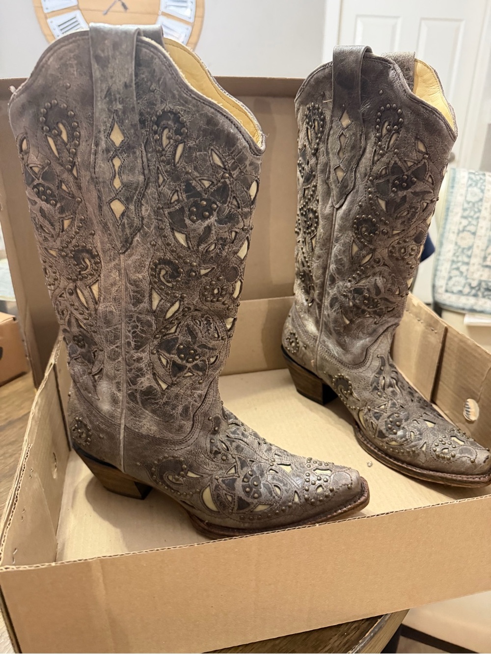 Embellished Western Heeled Boots in Distressed Taupe